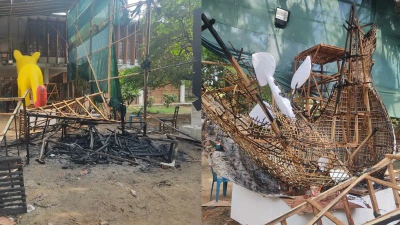 চারুকলায় ‘আনন্দ শোভাযাত্রা’র জন্য তৈরি ফ্যাসিস্টের মুখাকৃতিতে আগুন